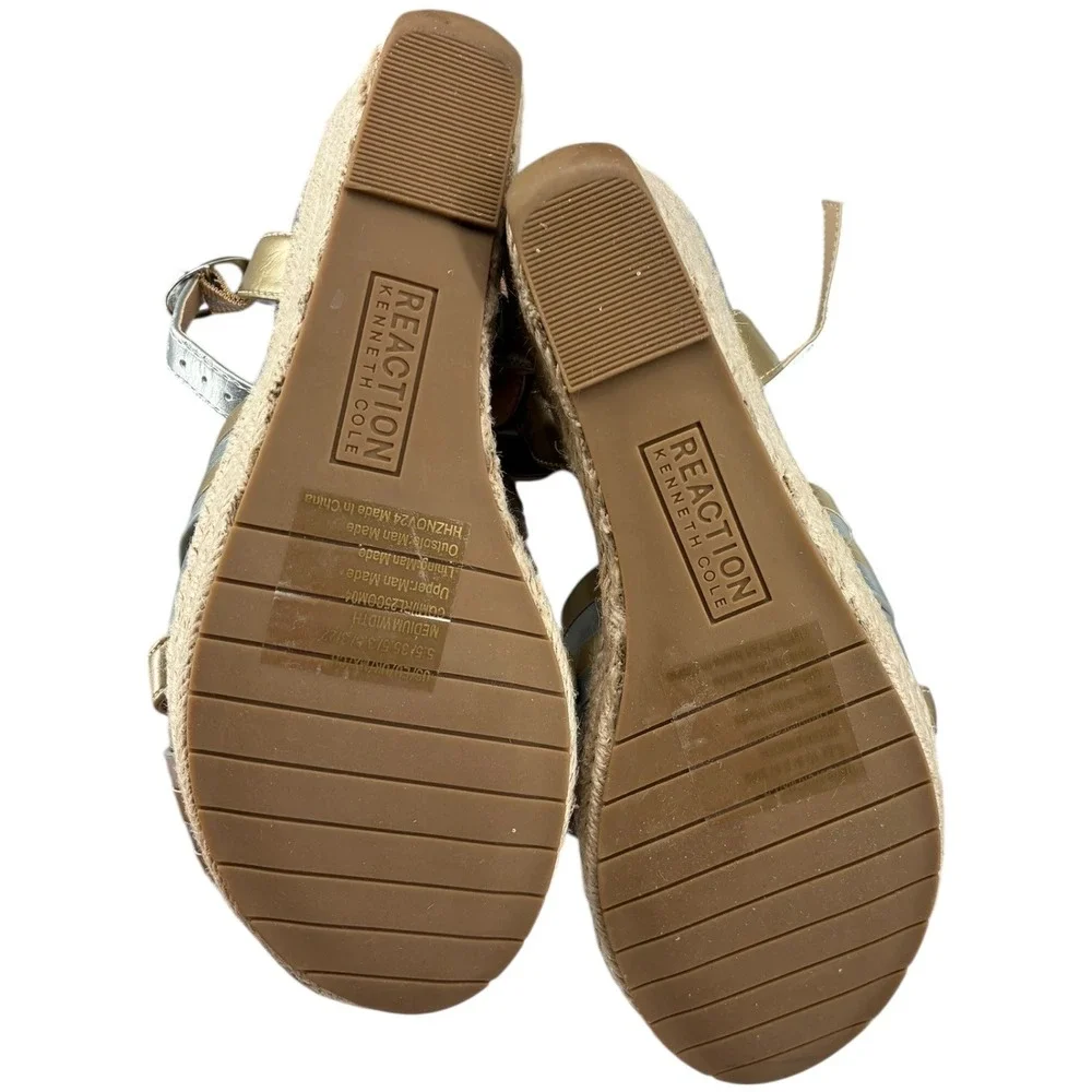 Kenneth Cole Reaction Comi Wedge Espadrille Sandals Gold Silver‎ 5.5M NIB